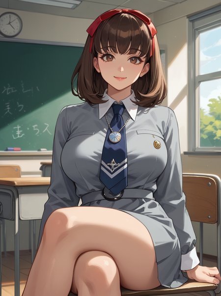 zPDXL, score_9, score_8_up, score_7_up, best quality, source anime, NSFW,  <lora:zs_MakiXL:0.95>, makip1, brown hair, medium hair, brown eyes, huge breasts, hair ribbon, grey dress, white collar, blue tie, belt, necklace, looking at viewer, light smile, sitting with crossed legs, classroom, school