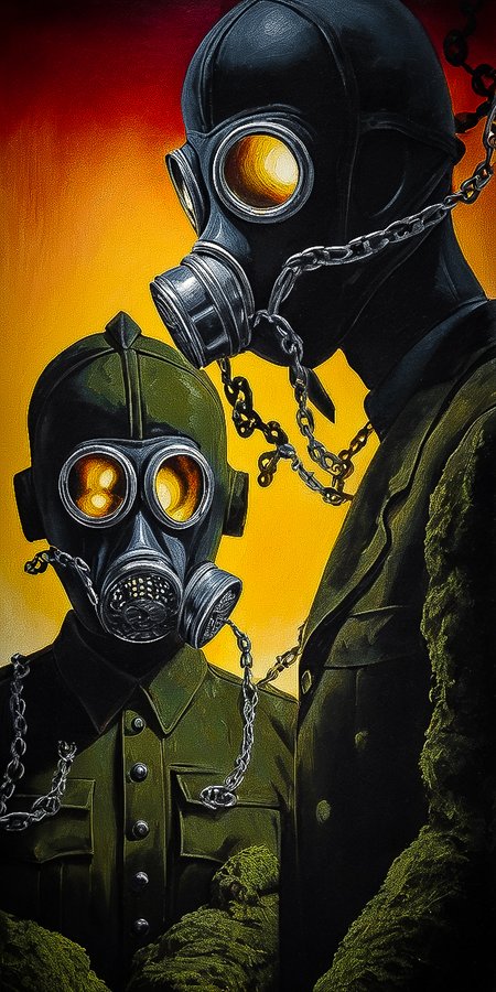Anxious eyes peering out from behind gas masks, awaiting the all-clear, , ,  Chains,Weeping statues,Gas masks, Illusory,Spectral, (Primary colors:1.1), (Negative Space:1.1),  (Underpainting:1.1), (Spotlight:1.2), Moss, , ((Whimsical,playful,quirky,fanciful:0.99),(Diagonals,dynamic,movement,angles,Transparent,clear,see-through,delicate,Backlit,silhouette,outlines,glowing edges:0.75),(Impasto,thick layers,texture,expressive:0.99):0.5), ultra detailed, intricate, oil on canvas, dry brush, (surrealism:1.1), (disturbing:1.1) <lora:d4lixl:0.6>