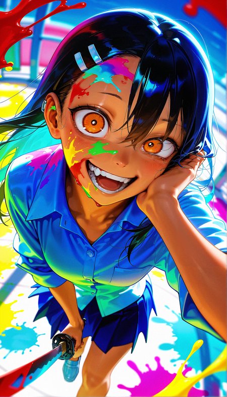 masterpiece, best quality, amazing quality, very aesthetic, absurdres,  newest, scenery,  1girl, Hayase Nagatoro, teeth, open mouth, blood on face, smile, black hair,  crazy eyes, holding katana, hand on own cheek, upper body, school uniform backlighting, from above, dutch angle, , close-up, photorealistic, dutch angle, (colorful), from above, (((paint splatter))),fisheye, , masterpiece, best quality, amazing quality, very aesthetic, absurdres,  newest, scenery, volumetric lighting