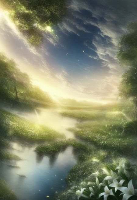 detailed background, from above,( Calm spring night landscape), amongst lush greenery, beautiful view, Flower Field, lily flower in full bloom, lily flower, early morning, sunrise sky, beautiful clouds, dappled sunlight, beautiful, Tranquil Lake, Walkway, petals dancing in the wind, depth of field, masterpiece, best quality, ultra-detailed, very aesthetic, illustration, perfect composition, intricate details, absurdres, moody lighting, wisps of light, no humans,