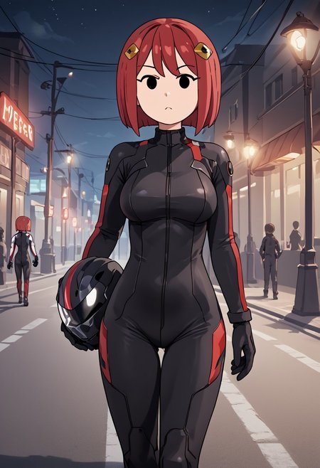 score_4,score_5,score_6,score_7_up,score_8_up,score_9 ((masterpiece,best quality,ultra detailed,highres,HD,4k:1.2)), 
1girl,solo,girl focus,solo focus,
jyuukyuu, flat color, deformed, deformed characters, round face,((mob face,black eyes, eyes filled with black)),
 red hair,short hair,hair ornament,large breasts, rider suit,bodysuit,gloves, ((Rider suit, black rider suit,sexy rider suit,))Bikes, standing near bikes,headwear removed,Night, highway, street lights, Expressionless,
