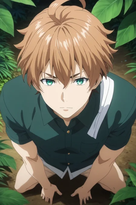 score_9, score_8_up, score_7_up, source_anime, rating_safe, intricate details, (3d:0.4), , depth of field, 1boy, solo, male focus, <lora:satoshi_isshiki_pony:0.78>, satoshi_isshiki, brown hair, green eyes, ahoge, hair between eyes, from above, full body, jungle, night, full moon, spread legs, heart eyes, ,, <lora:sdxl_lightning_8step_lora:1>