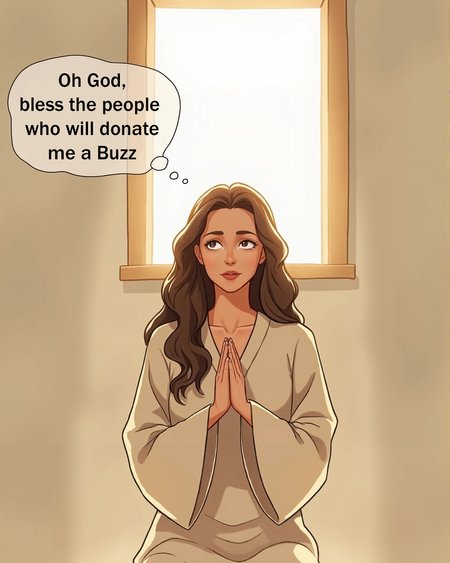 This is an illustration of a young woman in a contemplative pose, kneeling on the floor with her hands clasped in a prayer position. She has fair skin and long, wavy brown hair that cascades down her shoulders. His eyes are closed and his expression is serene and introspective. She is dressed in a loose, cream-colored robe that covers her body from the neck down, with a simple and clean aesthetic.

The setting is indoors, with a textured beige wall that contrasts softly with the wooden floor below it. A small square window with a wooden frame is located behind it, allowing natural light to pass through, casting a soft glow over it and the surrounding area. The light creates a warm, inviting atmosphere and highlights the texture of your hair and the folds of your robe.

Above her head is a thought bubble with the text, "Oh God, bless the people who will donate me a Buzz." 

The overall mood of the photograph is one of tranquility and introspection, with the soft lighting and minimalist background drawing focus to the subject's peaceful demeanor. The composition and lighting emphasize the emotional depth of the moment, capturing a serene, contemplative state.
