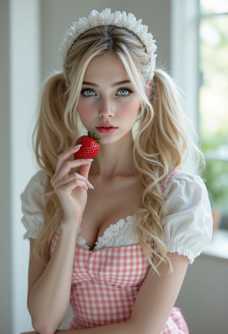 A high-resolution close up shot , aesthetically pleasing photograph of a 22yo woman with a playful, flirtatious demeanor. She has long flowing blonde hair styled twintails, adorned with a delicate white lace headband. Her bright, sparkling blue eyes as she winks at the viewer with one eye open and one closed . smooth fair complexion radiate charm and elegance.
She wears a vintage-inspired maid costume, featuring a white dress with a fitted bodice,cleavage, and short sleeves, complemented by a bold red and white checkered apron. She delicately holds a ripe strawberry near her lips,while her left hand rests confidently on her hip, adding a playful touch to her pose. dynamic pose 
The background is a bright, minimalist setting, with a soft, natural light illuminating the scene, enhancing the subjectâs features and textures. The atmosphere is whimsical and innocent, evoking a sense of fantasy and nostalgic charm. The style is reminiscent of cosplay or themed costume photography, with careful studio lighting and a dreamy, ethereal quality. Hyper-detailed, photorealistic, soft focus, vibrant colors, cinematic composition <lora:persona5_ann_takamaki_flux_v3_2:0.7> , medium breasts, ann_takamaki  <lora:aidmaFLuxPro1.1_v0.3:0.85> aidmafluxpro1.1
