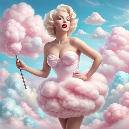 cottoncandy, surreal photo of a giant woman in classic femme style rising above cotton candy clouds, surprised expression, retro glamour hair, shoulders emerging above pastel sky, sensitive areas tastefully covered by candy vapor, dramatic perspective, majestic, highly detailed ,
<lora:add-detail-xl:0.3>,   <lora:SDXLCottonCandy:1>