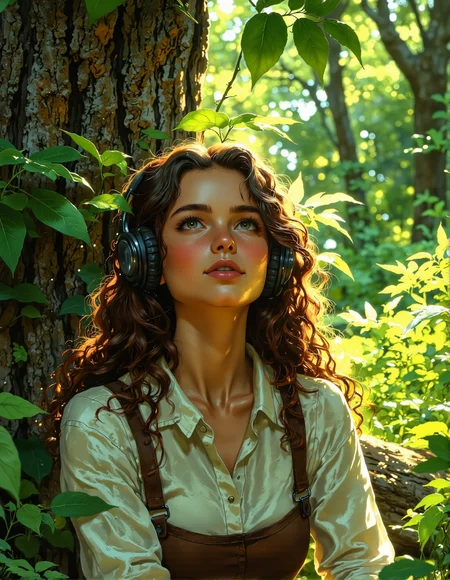 a person with wavy brown hair, wearing big black headphones, sitting calmly surrounded by lush green forest foliage.  They're looking upwards into the sunny sky, enjoying the peace. They have on a light-colored button-down shirt and brown suspenders. Sunlight is filtering through the leaves, casting soft shadows and highlights all around, especially on the textured bark of the trees and the soft fabric of their clothes. The artistic style is like a detailed digital painting with soft, natural light, focusing on the textures of the leaves and the person's curly hair, <lora:- Flux1 - vanta_black_V2.0:0.6>, <lora:Vibrantly_sharp_style_v.2:0.8>, <lora:Cozy_Paradise:0.8>, <lora:FantasyWizardWitchesFluxV2-000001:0.8>