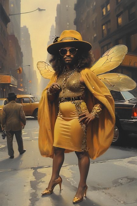 photo of a (bee:1.1) in in 70s pimp outfit in the street of new york offering honey-money for certain buzz related services, cane, hat, bling, shady street, cinematic, masterpiece, atmospheric, high quality, 8k, high resolution,  <lora:SDXL - Style - EldritchRomanceIllustration1.3.1:0.4> <lora:Fine art photography style:0.4> <lora:Moody__Time:0.4> <lora:- SDXL - creepy_n_freaks_V1.0:0.4> <lora:- SDXL - vanta-black_contrast_V3.0:0.2> <lora:tbh102-sdxl:0.3> <lora:drunken-fist03:0.2>  <lora:moulinrouge:0.4>