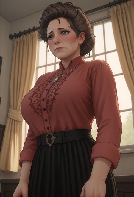 score_9, score_8_up, score_7_up, score_6_up, score_5_up, score_4_up, 1girl, <lora:SusanGrimshaw:0.8> solo, mature woman, blue eyes, brown hair, large breasts, blush, black eyeshadow, shirt, red shirt, skirt, long sleeves, black skirt, jewelry, necklace, view from below, embarrassed, 
ballroom background, windows, curtains,