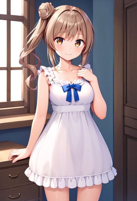 score_9, score_8_up, score_7_up, score_6_up, score_5_up, score_4_up, source_anime,
BREAK,
solo, 1girl, standing, looking at viewer, smile, white dress, frilled dress, indoors, 
<lora:satou_sasara_ponyXL_v1:1> satou sasara, brown hair, side ponytail, single hair bun, long hair, brown eyes,