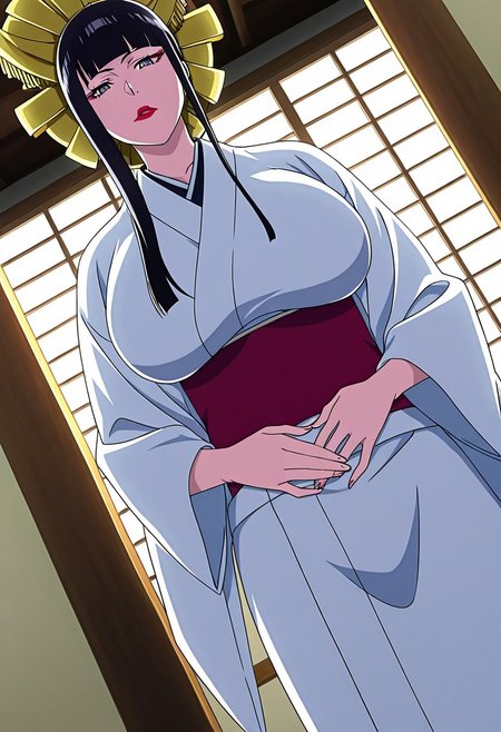 general,highres, ultra-detailed,very aesthetic,best quality ,best hands,best eyes,easynegative,
dynamic anglre, dutch angle, anime cloring,anime screencap,
1girl solo,looking at viewer,hands on stomach, Japanese room, washitsu, 
Shutarasenjumaru, black_hair, blunt bangs, lipstick, huge_breasts, grey eyes,hair_ornament,Japanese clothes, white kimono,