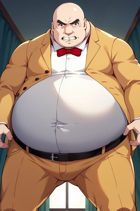 score_9, score_8_up, score_7_up, score_6_up, source_anime, BREAK male focus,  <lora:p5kobayakawa-pdxl-nvwls-v1-000005:1> p5principal, fat man, obese, bald, yellow jacket, formal, white shirt, red bow tie, belt, yellow pants, serious, clenched teeth, angry, hands on hips, from below, shadowed face, dark room
