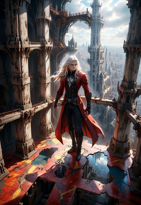 ((Candid aerial shot of the handsome young acrobatic Alucard with long flowing white hair while standing on a catwalk inside an intricate (floorless tower high above the ground:1.8) with a complex configuration of numerous interlocking gears)), 

video game character, Castlevania, Symphony of the Night, SOTN, glowing rapier, long flowing white hair, radiant lighting, vibrant red cloak, realistic face, male model, confident, bold, stately,  

extremely detailed background, floorless tower, interior, interlocking gears, cogs, pendulums, wheels, wooden shafts, mechanisms, (background focus:1.5), 

eye catching, 

ral-exposure, motion blur, (motion blur fingers, motion blur feet:1.25), parkour, 

dynamic shot, viewed from the side, distant view, 
hyperdetailed realistic illustration, intricately detailed, highest quality, implied motion, motion streaks, motion lines, 

BREAK, ultra level of detail and precision in the art, masterpiece, absurdres, mixed media, (lineart:1.6), digtal art, detailed shading, extreme wide-angle view, ray-traced, 
intense mood, gritty, grimdark, 
subsurface scattering, (light leaks, lens flare, crepuscular rays, sunbeams, halo effects:1.3), (broken jagged rainbow optical rings:1.1), global illumination, ambient occlusion, soft shadows, film grain, Dutch angle, cinematic composition, (mystic haze, dusty atmosphere:1.2), HDR, complementary colors, (vibrant colors, colorful palette:1.1), (fisheye lens:1.8), 