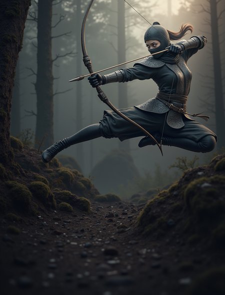 A hyper-realistic jump action pose of a masked ninja girl archer mid-air, drawing a bow with an arrow aimed precisely forward. The character wears intricately detailed dark armor with woven leather and polished metal plates. Add a dynamic and atmospheric background of a misty, mystical forest with faint beams of light piercing through the fog. Textured bark, moss-covered stones, and a sense of ethereal mystery envelop the scene. Highly detailed, cinematic lighting, depth of field, ultra-crisp detailing on the armor and weaponry. cinematic, natural colour, realistic detail.