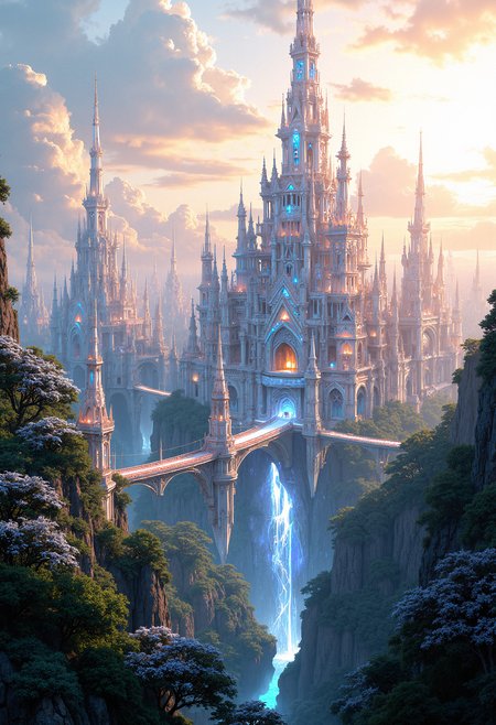 An ethereal scene where a floating city made entirely of crystal structures hovers above a lush forest. The buildings glisten in the sunlight, with intricate, translucent designs resembling a mixture of Gothic cathedrals and modern skyscrapers. The city is connected by a network of suspended bridges made of light, glowing faintly in various colors. Below, the forest is dense with trees that have silver leaves shimmering in the breeze. The atmosphere is surreal, with a soft, golden light bathing the scene, giving it a dreamlike quality. In the distance, towering crystal spires reach towards the sky, blending seamlessly with the clouds. Background: a vast, open sky with pastel-colored clouds and beams of sunlight breaking through.  <lora:FluxMythP0rtr4itStyle:0.8> MythP0rt,