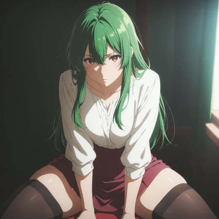 masterpiece, best quality, newest, absurdres, highres,anime coloring, 1girl, green hair, long hair, brown eyes, white blouse, short skirt, thighhighs, sitting, legs apart, looking at viewer, thick thighs, <lora:VioletEvergardenStyle-000007:1>