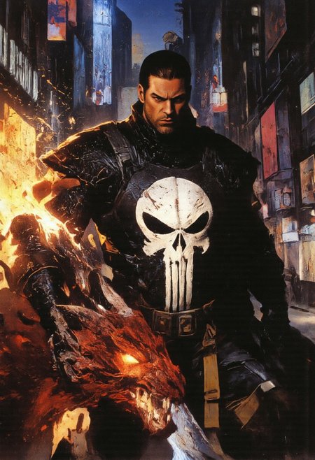 high angle camera view from above and at a distance, realism, perfection style, bosstyle, skin texture style, Photo Quality Frank Castle Male Face with a stubbled Black beard, Caucasion Skin, Chort Black Military style haircut, detailed, facial expression style, High details face, High detailed Eyes, Full Body view, The Punisher Battle Worn White dirty Skull Motif painted on the chest of his Man in Gothic armour, futuristic, Jet Black with Black Trim Exosuit, Heavy Mech, Dynamic Aggressive Combat Pose, Exosuit, Extremely Low V cut top, Power Armor, futuristic, Tactical Futuristic Samurai Sword, Perfect hand, Fighting a Dragon, Heavy Mech, Armor Color Jet Black with Black Trim and a dirty white Skull Motif painted on the chest, Robot, Full body, Ready to strike, futuristic, (off-center composition, left aligned, Portrait),  Detailed hand, battle-worn, Gothic Neon Cyberpunk Night City Cityscape Background, cinematic film still glamorous photo dark art by Rafael Zabaleta, expressionism art by Asger Jorn, vibrant, Abstract expressionism, experimental painting techniques, bold bright colors, dynamic compositions, Expressionism, emotive brushwork, brilliant tones, dramatic lighting, introspective themes. high fashion, luxurious, extravagant, stylish, sensual, opulent, elegance, stunning beauty, professional, high contrast, detailed. shallow depth of field, vignette, highly detailed, high budget, bokeh, cinemascope, moody, epic, gorgeous, film grain, grainy