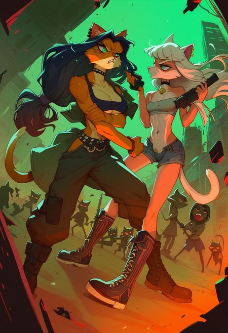 score_9, score_8_up, score_7_up, (cat girls), dystopian cyberpunk future, two street gangs hissing at each other, group picture, anthro, oversize boots, skinny, ready for a fight, holding a weapons, fierce and raging, long hair, choker, oversized street clothes, ear piercings, dutch angle, alternate hairstyles, growling
