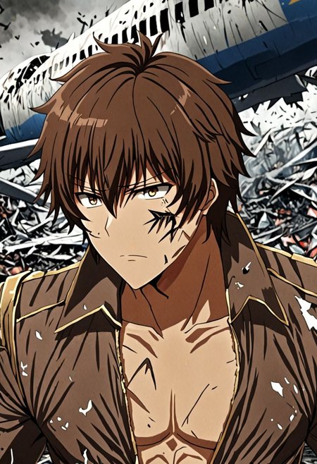 high resolution, solo, best quality, 1Boy, Seiya Kanie, Brownish Hair, dystopia, Plane Crash, OverallDetail