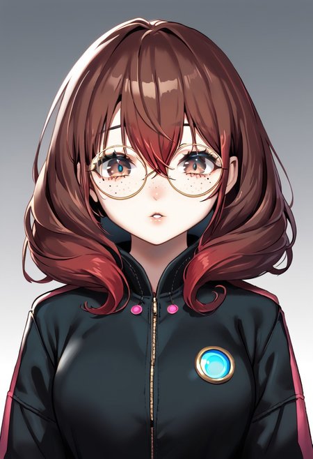rsk,
parted lips, looking at viewer, round eyewear, detailed face, freckles, red hair, brown hair, hair between eyes, mole under eye, oversized jacket, shiny clothes