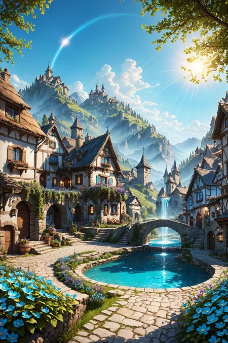 the most beautiful landscape, fantasy, ((very detailed)), sharp focus, sharp background,  best quality, valley, meadow, fountain, peasant village, stunning nature environment, (bright sunny sky), high contrast, cinematic (lights), backlight, shadows, lens flare, vibrant colors, colorful, Robin Egg Blue flowers and leaves,  <lora:add-detail-xl:1>  <lora:Better Blur Control:1>