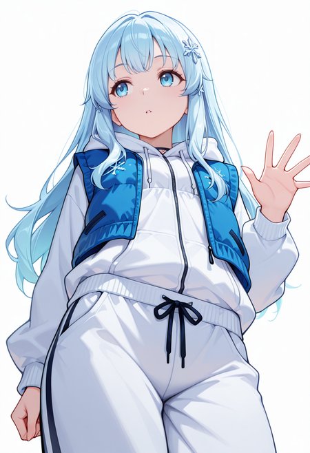 Smooth Quality,masterpiece,very intricate, high quality details, ultra realistic, high detailed skin,detailed enviorement,absurdres,
waving ,
 <lora:Yusa_CNR:0.8> yusa_cnr,1girl, blue hair, long hair, bangs, blue eyes,snowflake hair ornament,gradient hair,, crazy,, simple background, white background, from below,solo,, hoodie, ,button-up vest, ,sweatpants,  ,