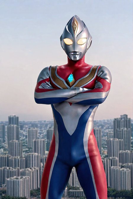 very awe,aesthetically pleasing,masterpiece,best quality,amazing quality,very aesthetic,ultra-detailed,high resolution,8k,1boy,solo,cowboy shot,male focus,detailed face,tokusatsu,alien,bodysuit,glowing eyes,yellow eyes,multicolored bodysuit,dyn4 flash,standing,crossed arms,giant,looking at viewer,cityscape,<lora:Ultraman Dyna:0.8>,