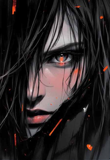 bv-anibrush, xslx scribble. A close-up of a strikingly beautiful young woman in a dark, futuristic dystopian cityscape at night, her salt and pepper hair flowing slightly disheveled, blending into the shadows. The faint glow of distant neon signs reflects off her sharp facial features. Her glowing eyes pierce through the surrounding darkness, capturing a sense of intensity and focus. The camera focuses on her face and hair, highlighting her determined expression and the subtle roughness of the art style with sketch-like textures, seen from slightly from behind, her hair framing her face as she looks over her shoulder, <lora:bv-anibrush-v1-flux.safetensors:1.0:1.0> <lora:Risograph_Style_FLUX_by_Ethanar-000001.safetensors:1.0:1.0> <lora:scribble-flux-v1.safetensors:0.5:0.5>