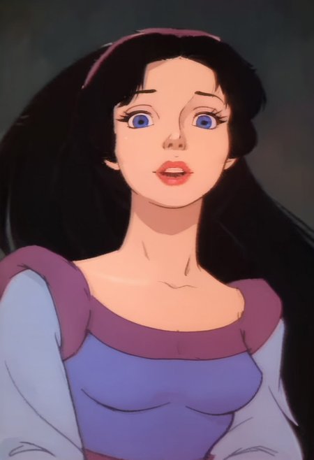 score_9_up, score_8_up, score_7_up, 1980s (style), retro artstyle, source_cartoon, rating_safe, solo 
HEASnowWhite, 1girl, black hair, long hair, very long hair, ponytail, hairband, blue eyes, red lips, lipstick, breasts, long sleeves, puffy sleeves, dress, blue dress, purple dress,
solo, upper body, dutch angle, looking at viewer,