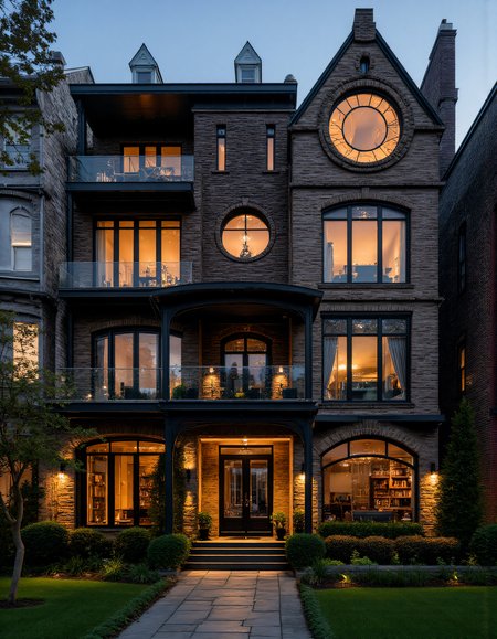 A striking, modern townhouse with a blend of historical and contemporary architecture, featuring a facade of arched, circular windows framed in black steel. The exterior is made of a mix of dark brick and stone, with intricate masonry surrounding the windows. Warm, ambient lighting from within the house highlights the elegant design of the interior, visible through the large, glass-paneled archway on the ground floor. The interior is illuminated with soft, golden light, showcasing a cozy, open-plan living space with modern furnishings and bookshelves. The upper floors feature large circular and arched windows, creating a geometric contrast with the rectangular shape of the house. The scene is set at twilight, with the sky darkening and the warm lights creating a welcoming glow. The foreground features a small garden with manicured bushes and stepping stones leading up to the front entrance. aidmaHyperrealism <lora:aidmaHyperrealismv0.3:0.6>  <lora:Sinfully_Stylish_.02_for_FLUX:0.6> in the style of Jed-clrfl <lora:flux-colourful:0.3>  <lora:FluxDFaeTasticDetails:0.6>