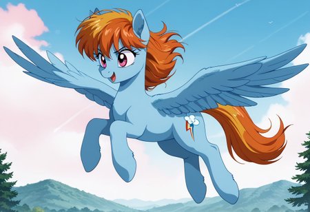 score_9, score_8_up, score_7_up, anime screencap, BREAK, wide shot, my little pony Dash, a pastel blue pegasus with magenta eyes and ginger blonde mane and tail, flying, source_feral, outdoors, daylight sky, source_anime, retro anime style