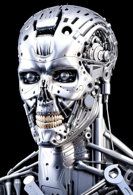 Dutch angle, front view, a t800 terminator, entire made by <tools-world-morph>, ultra details, ultra quality, masterpiece, dark black background, made by small tools details