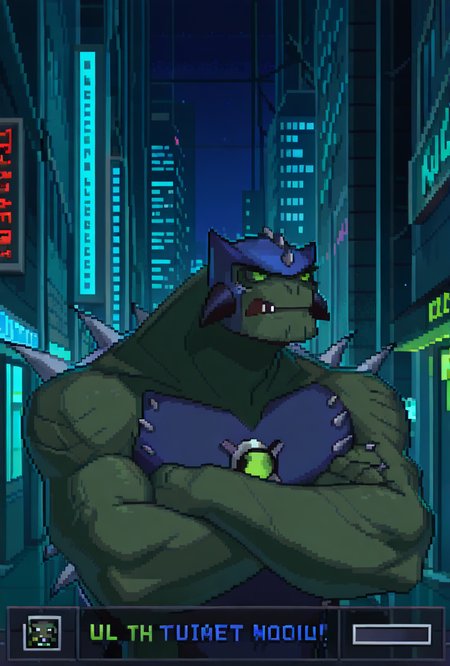 <lora:ulthum-09:1> ulthum, spikes, solo, no humans, green eyes, green skin,, , 1boy, , blue helmet   <lora:PixelStyle-GLora-Illustrious-V1:1> modern pixel art, retro pixel art, pixelated, retro, night city, glowing lights, massive character, neon tokyo, upper body, text box, video game, visual novel, crossed arms, underbite, fang,, masterpiece, best quality, amazing quality, very aesthetic, absurdres, newest,