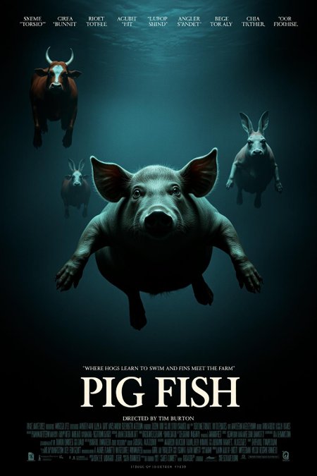 mvpstr. Epic Movie poster for "Pig Fish", Directed by Tim Burton. A dark, whimsical Tim Burton-style poster with a large pig, swimming underwater with fish fins and a wide-eyed expression. The background is a murky, fantastical underwater world with other bizarre hybrid creatures floating around, like octopus-cows and angler-bunnies, each glowing eerily in the Burton-esque gloom. Tagline: "Where Hogs Learn to Swim and Fins Meet the Farm!" <lora:schnell_v1.0:1.0> <lora:EpicMoviePoster-000015:1.0><lora:783025435161320991:0>