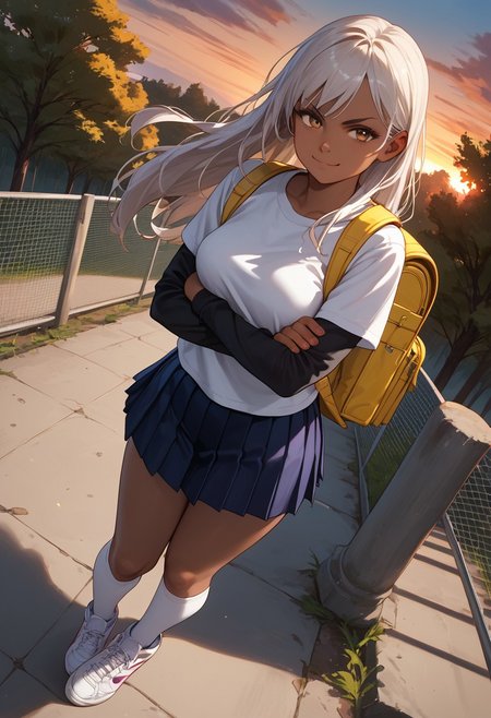 (score_9, score_8_up, score_7_up), 1girl, solo, white hair, hazel eyes, long hair,  medium breasts,  dark skin, dark skinned female, yellow backpack, 
tree, sunset, dynamic light,  grid fence, sky, standing, (kneehighs:1.2), white legwear, standing,  action pose, power pose, confident pose, crossed arms,
fisheye, (dutch angle, full body shot, from above, pleated skirt, white t-shirt,black sleeves, sneakers:1.1),
(looking at viewer, smug:1.1),