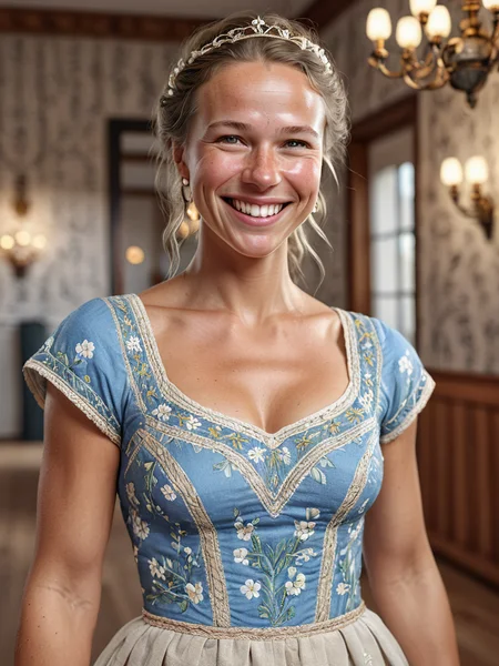photo realistic style, masterpiece, best quality, ultra-detailed, intricate details, high quality, best lighting , cinematic lighting,
a swedish woman wearing an allmoge dress , smile
 <lora:allmoge-V2-SDXL:1>