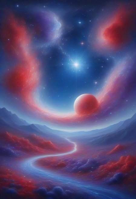 Blue, red, Blue, purple, Night, Stars sky, structure, glooming, comets, oil painting,