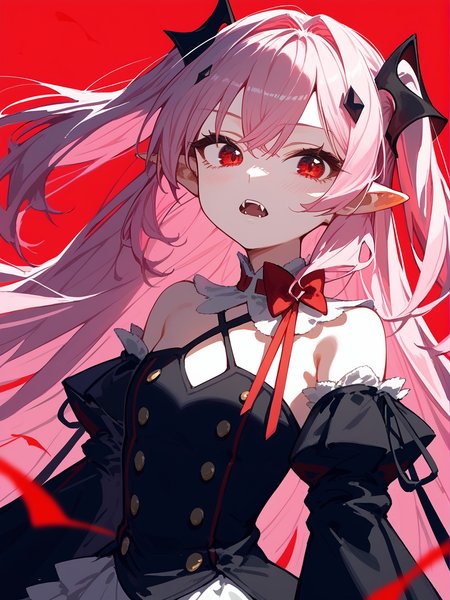 (score_9, score_8_up, score_7_up:1.1), 1girl, closeup face, portrait, two side up, pink hair, red eyes, pointy ears, hair ornament, detached sleeves, detached collar, black dress, black skirt, waist cape, bowtie, plain red background, (shaft head tilt:0.9), fangs <lora:Krul Tepes2:0.9>  <lora:shaft_head_tilt-PD-1.0-all:0.9>