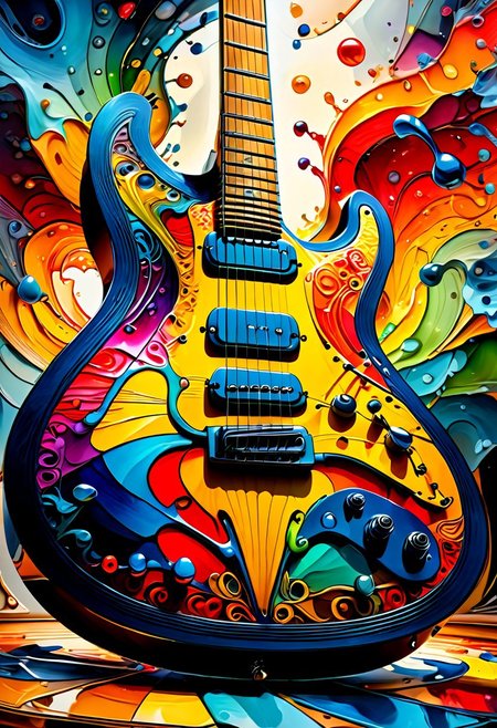 a colored  painting of a Guitar in a music room  , (8k, RAW photo, best quality, masterpiece:1.2),best quality, ultra high res,(sharp focus:1.2),DOF, geometric patterns, intricately detailed, perfectly balanced, deep fine edges, artistic photorealism,photorealism, vivid colors,, 8K, UHD, many details, extreme detailed, full of details, BadDream, Jed-Splash,    <lora:ColourfullSplashStyle:0.5>