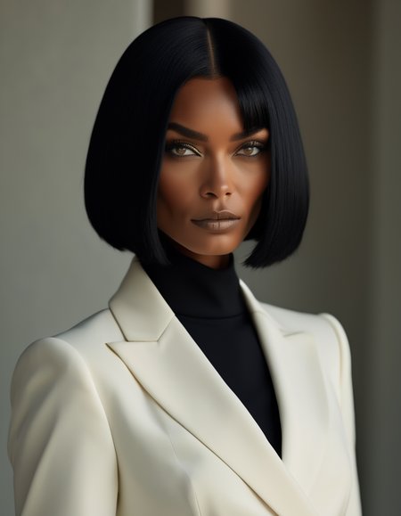 A portrait of a model with a sleek, raven-black bob, her sharp features highlighted by her intense, piercing eyes. Sheâs dressed in a tailored suit, exuding power and confidence, ready to take on any challenge that comes her way. <lora:usual-portrait-v2:1>