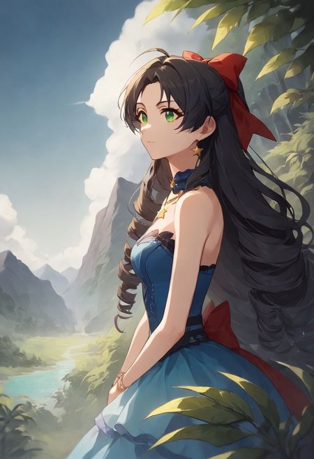 score_9, score_8_up, score_7_up, anime_source,  expressiveH, mountains, green_hell, jungle, 1girl, altaerith, very long hair, hair ribbons, drill hair, red ribbons, star necklace, wearing blue (idol dress), black hair, low-tied long hair, green eyes, bare shoulders, idolmaster, side view, idol dress, ((nsfw)), zPDXLxxx
