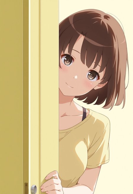 1girl, m3gum1kat0,brown hair, bangs, pupils,brown eyes,medium breasts, short hair, soft smile,

,original, masterpiece, collarbone,yellow theme,looking at viewer,head tilt,simple background,blush, 

peeking from behind a door, solid yellow door, hand gripping the door edge, solid yellow background

