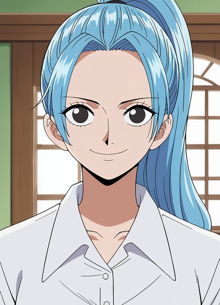 <lora:Vivi-one_piece:0.8>,vivi,1girl,solo,blue hair,long hair,ponytail,black eyes,collared shirt,upper body,looking at viewer,smile,indoors