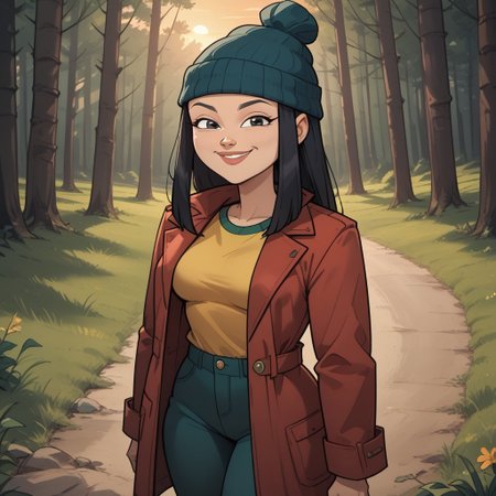 score_9, score_8, BREAK, solo, black hair, beanie, lips, red coat, yellow shirt, dark green pants, sneakers, breasts, total drama, Mary_Kate_(Total_Drama), sexy pose, self portrait, smile, outdoors, sunlight, shadows, evening lighting, natural lighting, forest, trees, grass, orange sky, sunset