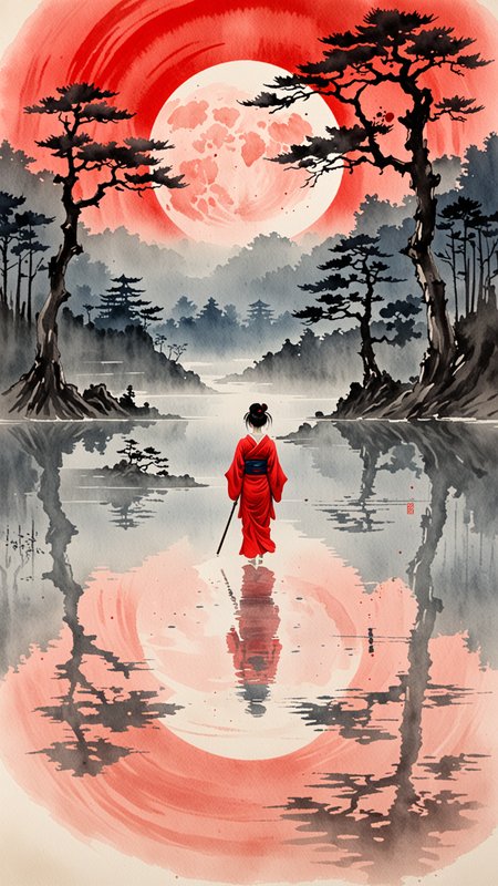 Watercolour paint effect, on partchment, red moon, Lake, japanese writing, ripples, sky, trees, reflection, mist, woman, <lora:Paint_Effects_SDXL_-_By_DICE:1>, Watercolour Paint Effect
