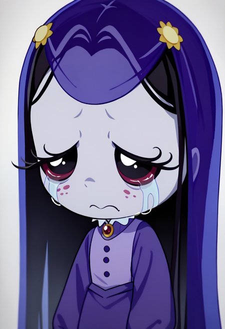 score_9, score_8_up, score_7_up BREAK MiseryRG, 1girl, black hair, black eyes, pale purple skin, tears trail, purple veil, yellow sunflower-shaped hairclips, white-collared purple buttoned dress, long purple sleeves,