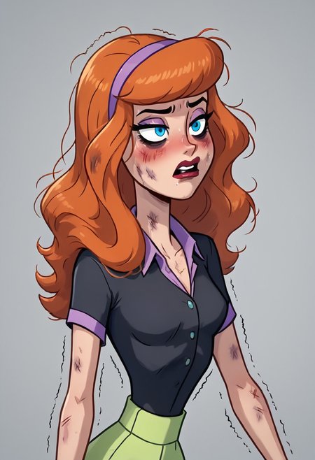 score_9, score_8_up, score_8, 1girl , Daphne, Daphne Blake,1girl, solo, petite, petit, extra small breasts, 40 year old, shaggy mullet, blue eyes, orange hair,  B3th3rz, PartierBetherz, black shirt, button up blouse, extra tight open collar, extra tight shirt, extra tight pants, ragged clothes. crumpled hair, bad hair,dirty clothes, wrinkled clothes,one eye higher than another, twisted mouth, messed hair, messy hair, in love, extremely in love, blush, arousal, seductive, seductive face, shaking, destroyed face, destroyed body, awful skin face,  long hair, makeup, lipstick, young, skinny, narrow waist, fragile, sexy, perfect body,detective betheerz dress, dynamic pose, posing,  wounds, hit herself,  selfharm, self harm, wounds on face, wounds on body, extreme amount of wounds, wounds everywhere, tired, tired af, extremely tired, tired eyes, huge amount of tireness, absolutely tired, bags under eyes, shiners, stupid, dumb, extremely stupid, extremely dumb, no brain, brain damage, stupid blonde, extremely stupid blonde,  blue eyes, eye twitching, nervous eye twitching, extremely hard eye twitching, totally burnt hair, sexy, horny