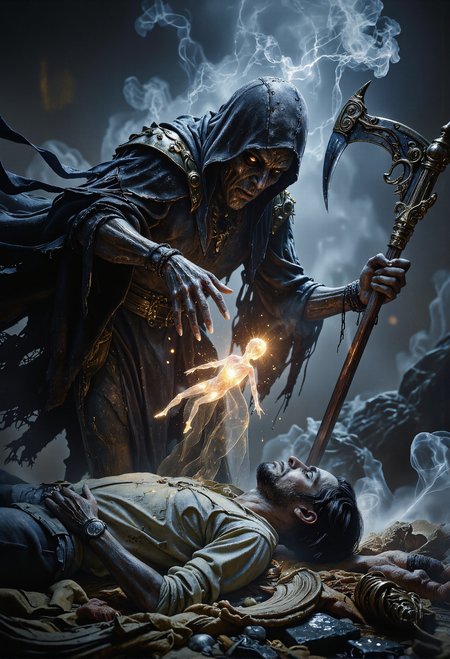 A sinister soul harvester looms over its victim, an otherworldly and grotesque figure shrouded in tattered black robes that billow unnaturally in the air. Its gnarled, skeletal hand stretches out, claw-like fingers crackling with ethereal energy as it pulls a glowing, screaming soul from the writhing body of a man collapsing beneath it. The soul, a translucent and luminous figure, is wrenched free, its anguished expression frozen in time as it hovers mid-air, caught in the harvester's malevolent grasp. In the harvester's other hand, a massive scythe gleams darkly, its blade serrated and wickedly curved, dripping with an unnatural, shadowy substance. The background is cloaked in swirling mist, punctuated by dim, cold light that casts long, menacing shadows, amplifying the eerie and foreboding atmosphere of the grim scene. <lora:black_fantasy.safetensors:0.5>,  <lora:aidmaGLOW-FLUX-V0.1.safetensors:0.25>,  <lora:aiai-Glimra-Flux-Dev-v2.safetensors:0.75>,  <lora:aidmaBaldursGate3-FLUX-v0.1.safetensors:0.5>,  <lora:Exogenous.safetensors:0.7>,