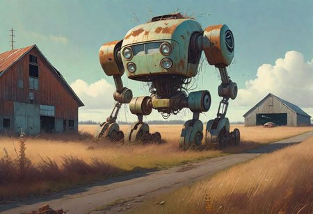 (((ultra high quality photo:1.8))) "vast overgrown field, extremely huge decrepit android, , aged and neglected appearance, advanced technology remnants, natural overgrowth, contrast between nature and forgotten futuristic elements"  a rusted car next to the robot, barn in the distance,   Simon Stlenhag Style, photo in phst artstyle, film photography style, light grain, medium grain, heavy grain
