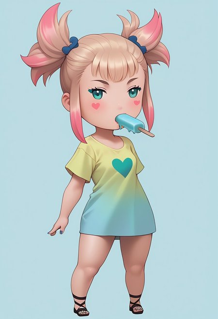 score_9, score_8_up, score_7_up, masterpiece, best quality, bdchibi,full body, BREAK 1girl, skinny, natural small breasts, blue eyes, pink candy hair, two pigtails with a wavy green elastic band, makeup, green eye shadow, black long eyes arrows, blush, yellow short t-shirt with pattern of hearts, blue manicure with pink hearts, BREAK sucking popsicle, popsicle in mouth,  BREAK medium shot, blue background