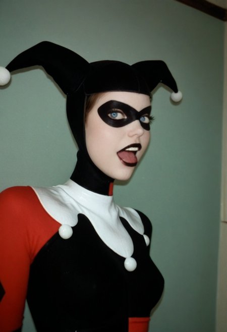 score_9, score_8_up, score_7_up, Polaroid photography , Polaroid style, over exposed style, pinup girl pose, Expressive, realistic, extremely attractive woman, 1girl, jester cap, black mask, pale white skin, black lips, white collar, har1992, black and red suit, blue eyes without pupils flirting, dynamic sexy pose, messy dorm room, bad photo composition, accidental photo, Reddit, amateur, raw, traditional media, poorly framed, out of focus , looking at viewer, laughing
BREAK 
dramatic angle, unique perspective, unique angle,